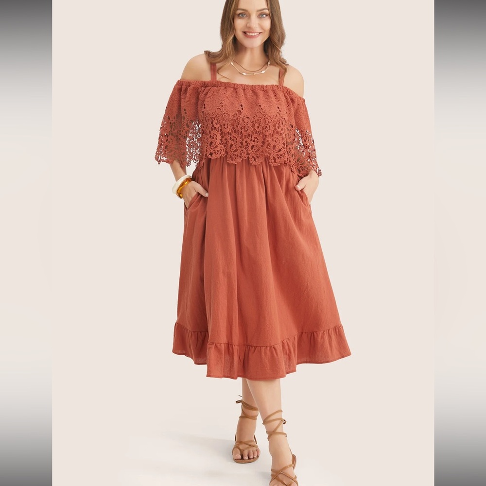 Bloom Chic Lace Off-Shoulder Dress in Rust - Picture 3 of 9
